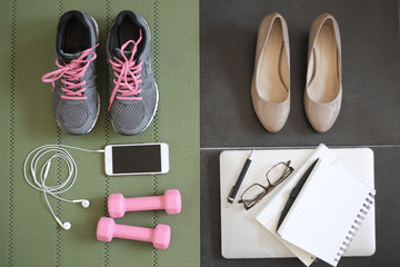 female workout and work at home to balance life . active fitness