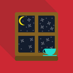 Night sky with stars and moon seen through a window with cup of coffee