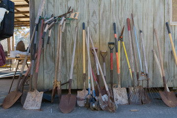 A variety of used garden tools for sale at a flea market near Interstate 20 in east Alabama, USA