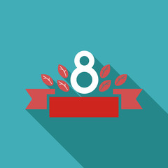 Vector illustration of 8 march womens day greeting in cartoon style with red ribbon, curved eight, pink roses and lettering text sign isolated on white background