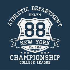 New York, BKLYN vintage number graphic for t-shirt. Original clothes design with ribbon and shield. Apparel typography. Sportswear print. Vector illustration.
