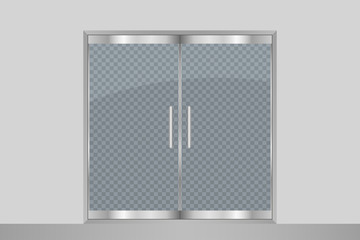 Glass door and wall. Isolated on transparent background. Entry double doors for mall, office, shop, store, boutique. Vector illustration.
