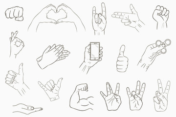 Hand gestures set. Collection of hand-drawn signs. Vector illustration.