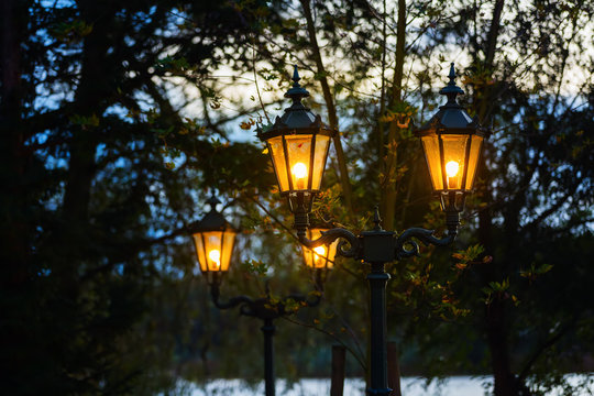 old street lamps at dusk