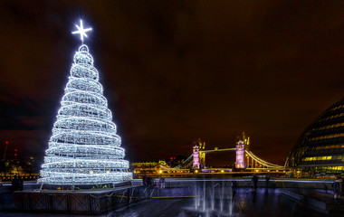 Tower Bridge and Christmas holiday lights, London, England