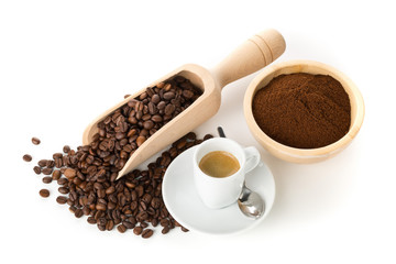 Ground coffee, coffee beans and cup of espresso