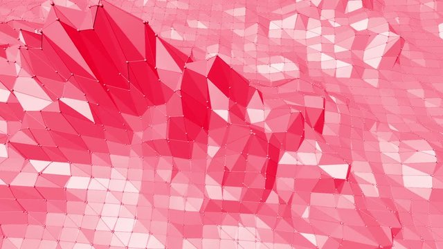 Rosy or pink low poly oscillating surface as atom structure. Polygonal mosaic red vibrating environment or pulsating background in cartoon low poly popular modern stylish 3D design.
