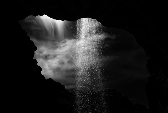 Abstract Black and White Waterfall From Inside Cave