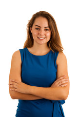 Fototapeta premium Beautiful young woman with crossed arms isolated over white