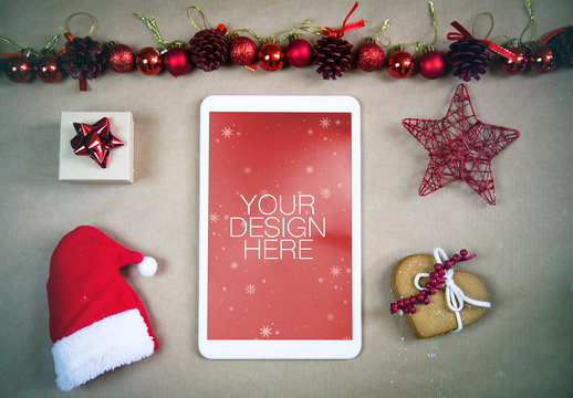 Tablet Mockup with Christmas Decorations