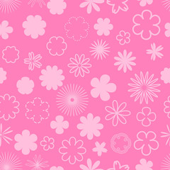 Seamless pattern of bright pink variety of flowers on a white background