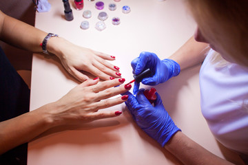 master of manicure paints nails to the girl in the salon