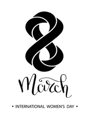 Naklejka premium Womans day lettering greeting card. Calligraphic pen inscription. An inscription written by hand with a thin pen. Black text on a white background. Vector illustration EPS10.