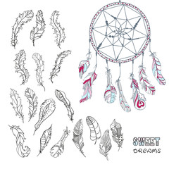 Dreamcatcher. Feathers. Tattoo art, mystic symbol. Abstract feathers. Prints for polygraphy and textiles. American Indians symbol. Design for spiritual relaxation for adults. Zen art. Decorative style