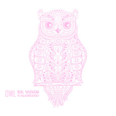 Owl. Design Zentangle. Detailed hand drawn vintage owl with abstract patterns on isolation background. Design for spiritual relaxation for adults. Outline for tattoo, printing on t-shirts, posters