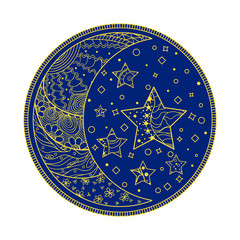 Circle mandala. Line background. Hand drawn lines. Zentangle. Half moon and stars. Doodle for design. Design for spiritual relaxation for adults. Wallpaper. Art creative