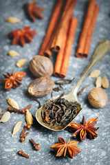 Mixture of dried spies for indian masala chai or spicy tea: anise, cardamom, cinnamon, nutmeg, clove and black tea on a grey stone background