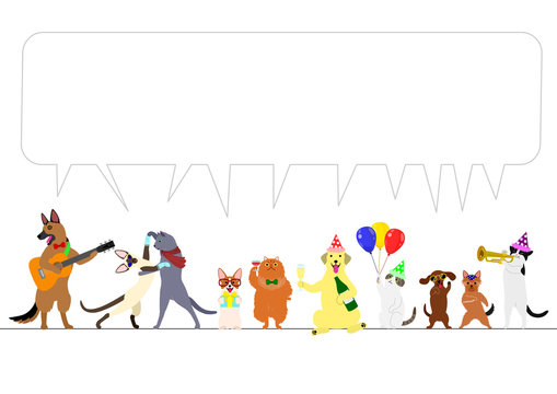party dogs and cats border with speech bubble