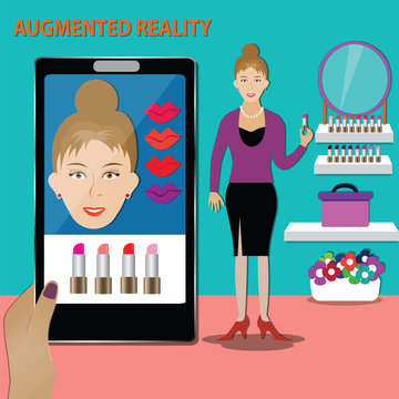 AR technology concept,Customer use AR technology test lipstick color before buy its - vector