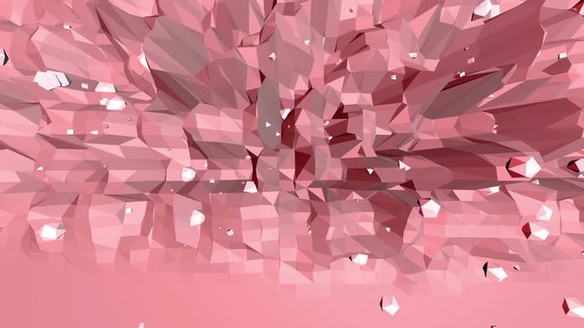 Rosy or pink low poly waving surface as molecular background. Red polygonal geometric vibrating environment or pulsating background in cartoon low poly popular modern stylish 3D design. Free space