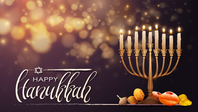 Jewish holiday Hanukkah background, realistic menorah (traditional candelabra), burning candles. Religious holiday art with Happy Hanukkah lettering, Vector illustration.
