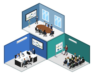 Isometric 3D illustration set Interior of department conference with workplaces