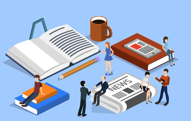 Isometric 3D vector illustration people with books and newspaper and phone