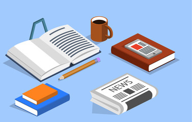 Isometric 3D vector illustration books, newspaper and phone