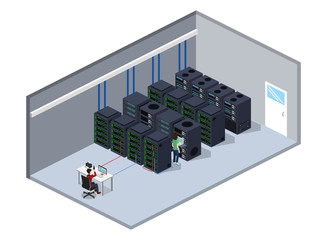 Isometric 3D vector illustration concept server room data center