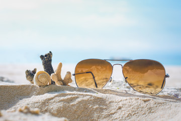 Sunglasses and Coral on the sand.
