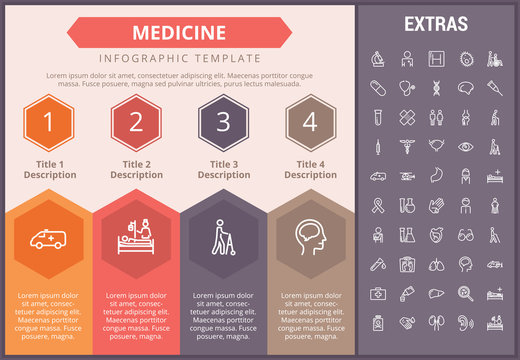 Medicine infographic timeline template, elements and icons. Infograph includes numbered options, line icon set with medical stethoscope, disable person, hospital doctor, nurse, first aid kit etc.