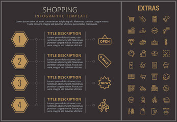 Shopping infographic timeline template, elements and icons. Infograph includes numbered options, line icon set with shopping cart, online store, mobile shop, price tag, retail business, barcode etc.