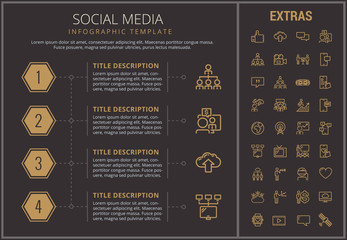 Social media infographic timeline template, elements and icons. Infograph includes numbered options, line icon set with social media, global network, electronic mail, internet technology, thumb up etc