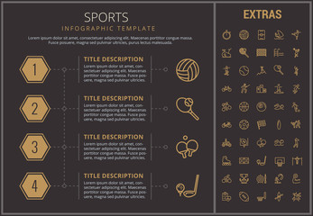 Sports infographic timeline template, elements and icons. Infograph includes numbered options, line icon set with sport equipment, sports field, competitive games, champion pedestal, athlete etc.