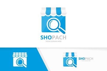 Vector store and loupe logo combination. Market and magnifying symbol or icon. Unique shop and search logotype design template.