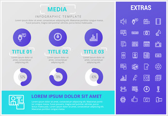 Media infographic template, elements and icons. Infograph includes customizable graphs, charts, line icon set with social media, user profile, broadcast media, music record, telecommunication etc.