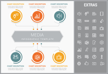 Media infographic template, elements and icons. Infograph includes customizable graphs, charts, line icon set with social media, user profile, broadcast media, music record, telecommunication etc.