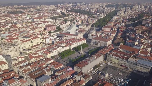 sunny day lisbon cityscape central rossio square aerial panorama 4k portugal
