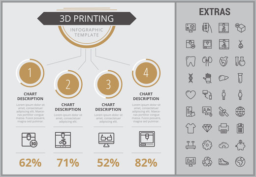 3D printing infographic template, elements and icons. Infograph includes numbered customizable charts, line icon set with 3D printer, products of 3D innovation technologies, printing machine etc.