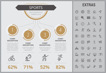 Sports infographic template, elements and icons. Infograph includes numbered customizable charts, line icon set with sport equipment, sports field, competitive games, champion pedestal, athlete etc.