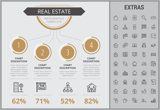 Real estate infographic template, elements and icons. Infograph includes numbered customizable charts, line icon set with real estate agent, architecture engineering, investment broker, realtor etc.