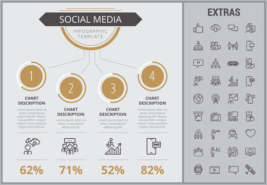 Social media infographic template, elements and icons. Infograph includes numbered customizable charts, line icon set with social media, global network, electronic mail, internet technology etc.