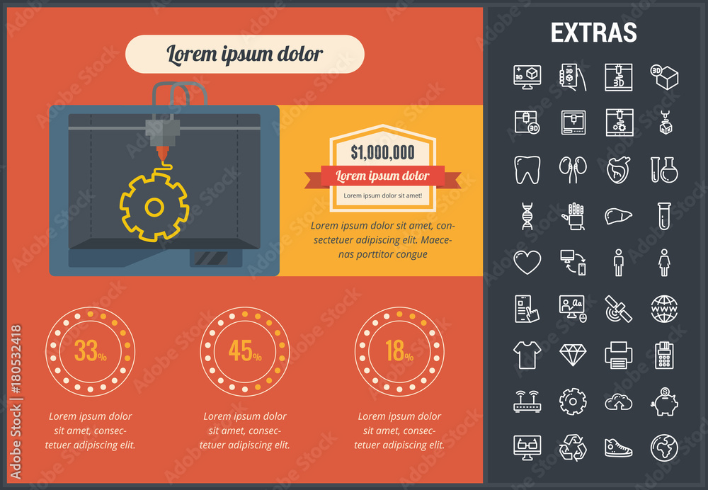 Poster 3d printing infographic template, elements and icons. infograph includes customizable graphs, charts