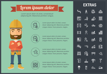 Construction infographic template, elements and icons. Infograph includes icon set with construction worker, builder tools, repair person, house building, building project, construction vehicles etc.