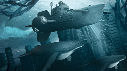 Submarine over the sunken city