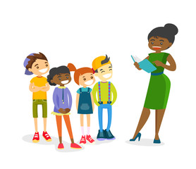 Young african-american teacher reading a story book to a group of multiethnic children. Caucasian, African and Asian kids listening to a tutor reading a book. Vector isolated cartoon illustration.