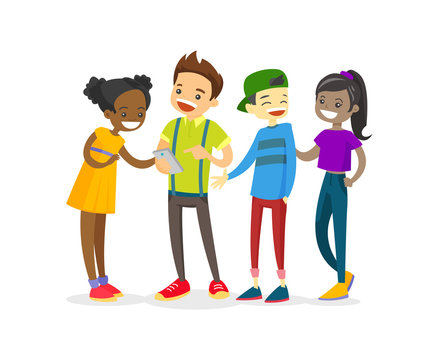 Multicultural group of teenage friends looking at smartphone and laughing. Cheerful Asian, African and Caucasian teenagers watching video on a smartphone. Vector isolated cartoon illustration.