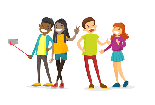 Group of cheerful multiethnic teenage friends taking a selfie photo with a smartphone. Young happy African and Caucasian people having fun and making selfie. Vector isolated cartoon illustration.