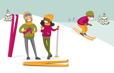 Young multicultural couple of skiers drinking hot coffee from thermos at ski resort. Happy african-american woman and caucasian man having break after skiing. Vector isolated cartoon illustration.