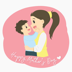 happy mother and son, cartoon vector. a mother embracing her son and the son touching his mother's face